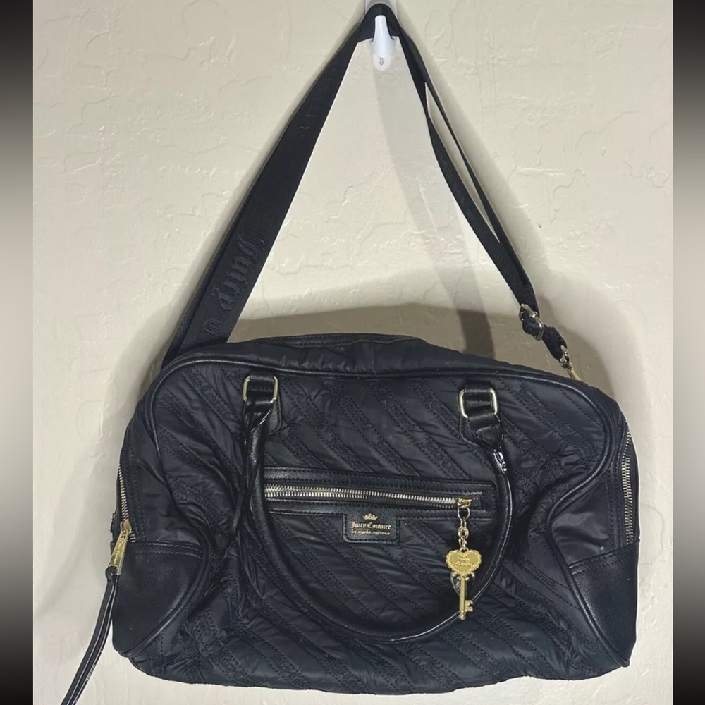 Juicy Couture Black Faux Leather Nylon Crossbody Duffel Style Bag Gold Lock Key